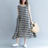 2025 black Plaid linen cotton shift dresses fine Sleeveless baggy dresses O neck Cinched cotton dress