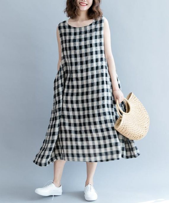 2025 black Plaid linen cotton shift dresses fine Sleeveless baggy dresses O neck Cinched cotton dress