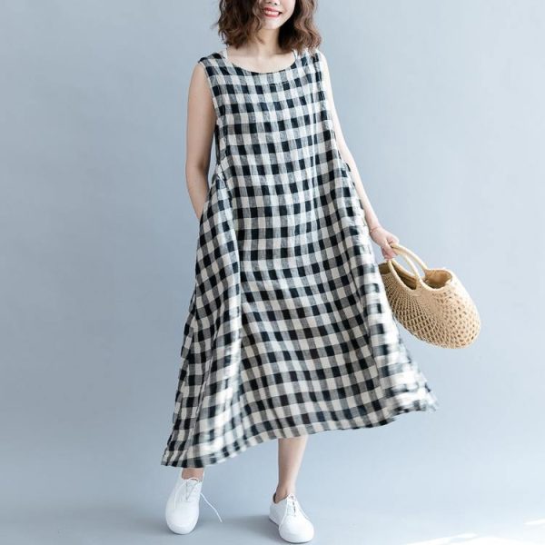 2025 black Plaid linen cotton shift dresses fine Sleeveless baggy dresses O neck Cinched cotton dress - Image 2
