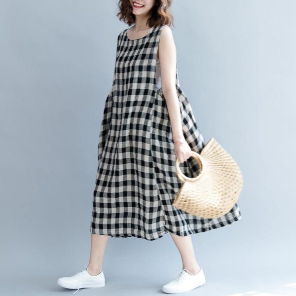 2025 black Plaid linen cotton shift dresses fine Sleeveless baggy dresses O neck Cinched cotton dress - Image 3