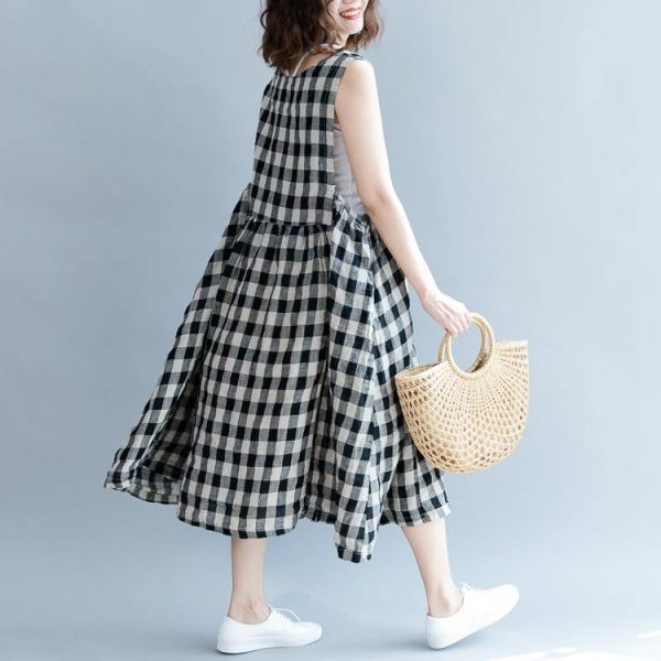 2025 black Plaid linen cotton shift dresses fine Sleeveless baggy dresses O neck Cinched cotton dress - Image 4