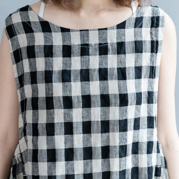 2025 black Plaid linen cotton shift dresses fine Sleeveless baggy dresses O neck Cinched cotton dress - Image 5