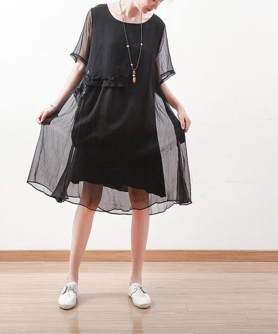 2025 black chiffon dresses casual holiday dresses New o neck asymmetric ruffles chiffon clothing dresses