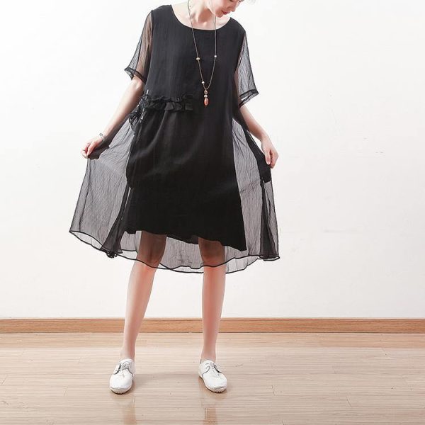 2025 black chiffon dresses casual holiday dresses New o neck asymmetric ruffles chiffon clothing dresses