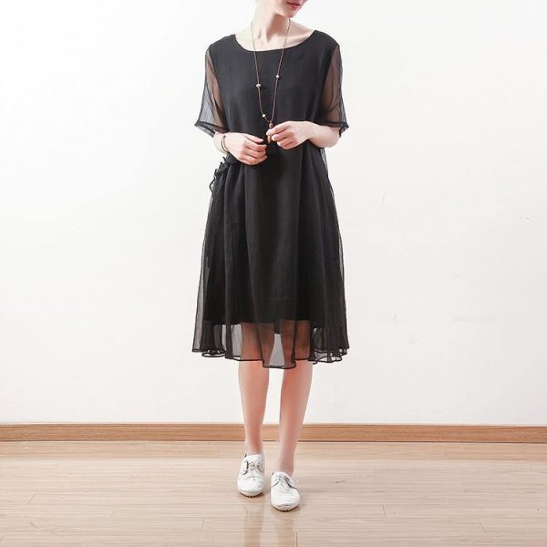 2025 black chiffon dresses casual holiday dresses New o neck asymmetric ruffles chiffon clothing dresses - Image 2