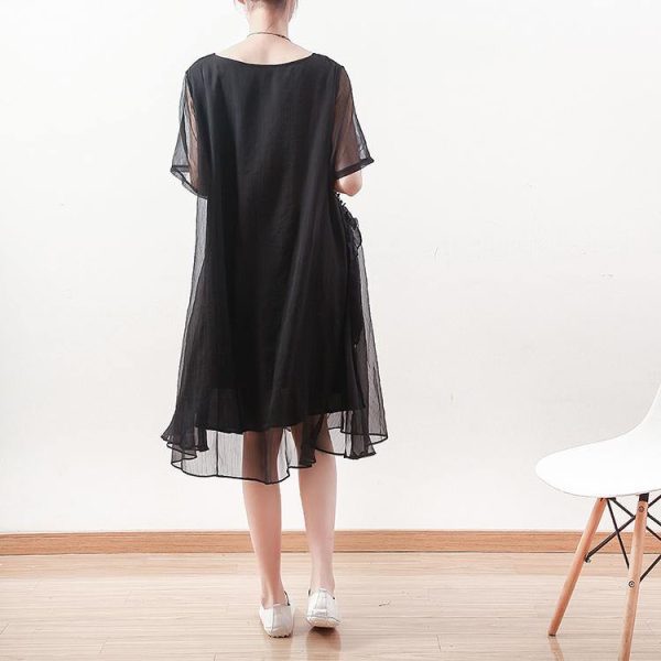 2025 black chiffon dresses casual holiday dresses New o neck asymmetric ruffles chiffon clothing dresses - Image 4