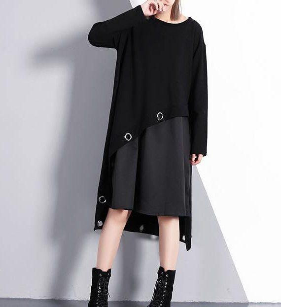 2025 black cotton blended oversize traveling dress two pieces asymmetric New O neck midi dress