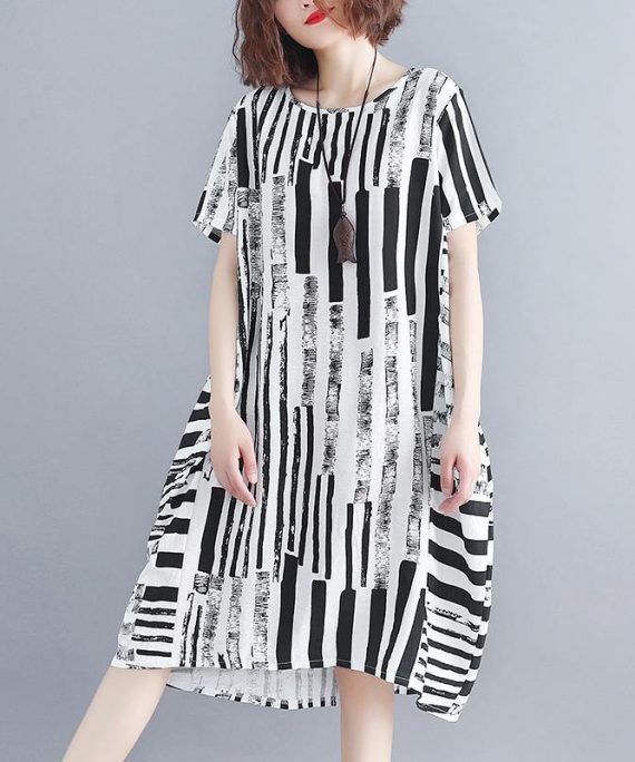 2025 black cotton blended shift dress plus size clothing casual dress Elegant short sleeve Geometric O neck asymmetric knee dresses