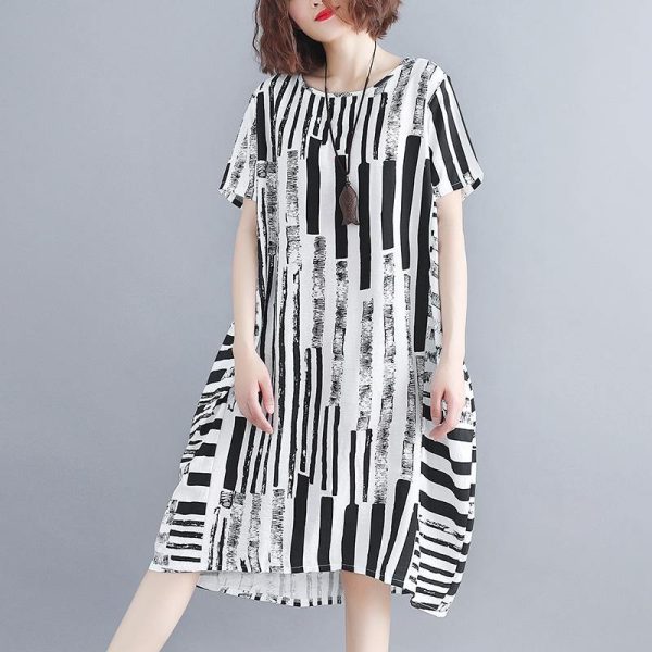 2025 black cotton blended shift dress plus size clothing casual dress Elegant short sleeve Geometric O neck asymmetric knee dresses