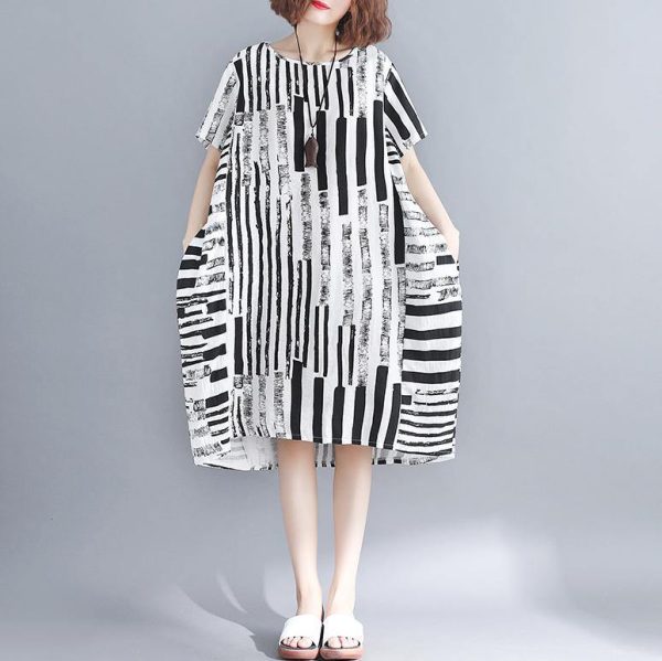 2025 black cotton blended shift dress plus size clothing casual dress Elegant short sleeve Geometric O neck asymmetric knee dresses - Image 2