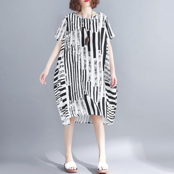 2025 black cotton blended shift dress plus size clothing casual dress Elegant short sleeve Geometric O neck asymmetric knee dresses - Image 3