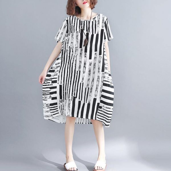 2025 black cotton blended shift dress plus size clothing casual dress Elegant short sleeve Geometric O neck asymmetric knee dresses - Image 4