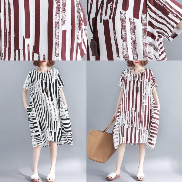 2025 black cotton blended shift dress plus size clothing casual dress Elegant short sleeve Geometric O neck asymmetric knee dresses - Image 5