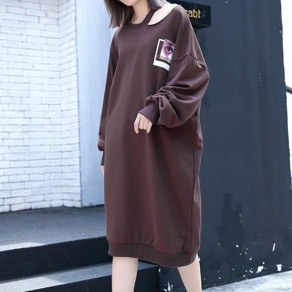 2025 chocolate print cotton blended knee dress plus size casual baggy dresses Fine Asymmetrical collar knee dresses - Image 3