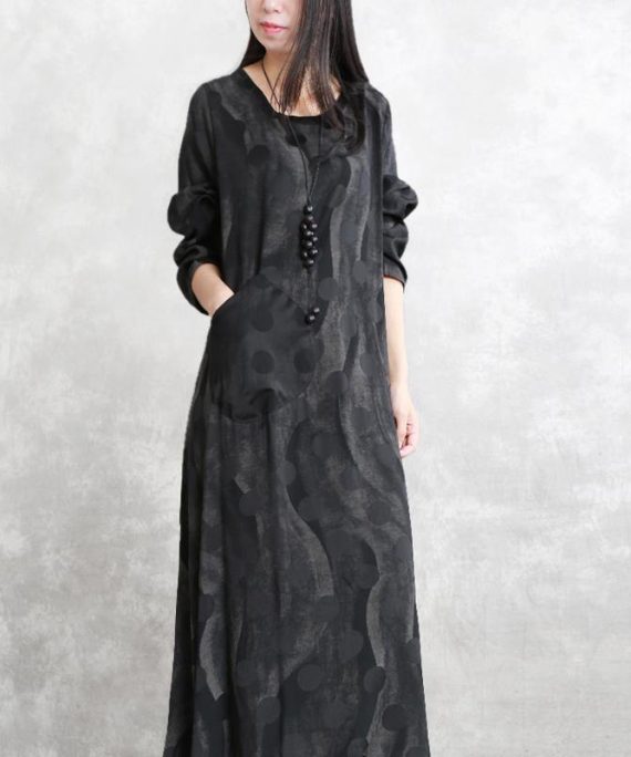 2025 gray dotted cotton blended caftans trendy plus size o neck pockets linen maxi dress casual long sleeve asymmetrical design caftans