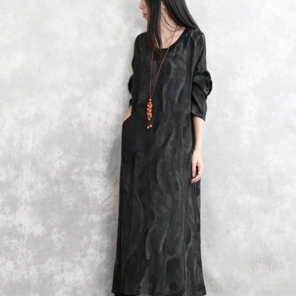 2025 gray dotted cotton blended caftans trendy plus size o neck pockets linen maxi dress casual long sleeve asymmetrical design caftans - Image 2