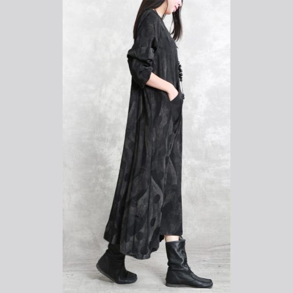 2025 gray dotted cotton blended caftans trendy plus size o neck pockets linen maxi dress casual long sleeve asymmetrical design caftans - Image 3