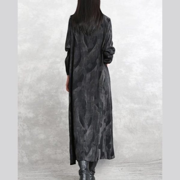 2025 gray dotted cotton blended caftans trendy plus size o neck pockets linen maxi dress casual long sleeve asymmetrical design caftans - Image 4