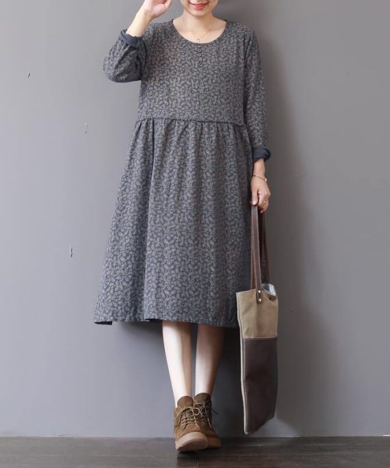 2018 gray prints natural cotton dress Loose fitting patchwork traveling clothing 2018 o neck autumn dress
