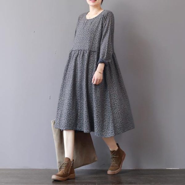 2018 gray prints natural cotton dress Loose fitting patchwork traveling clothing 2018 o neck autumn dress - Image 2