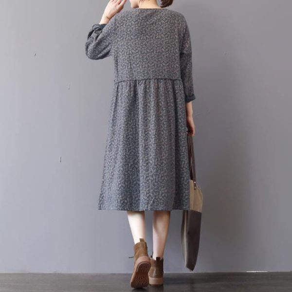 2018 gray prints natural cotton dress Loose fitting patchwork traveling clothing 2018 o neck autumn dress - Image 4