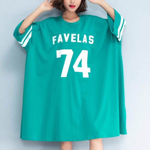 2018 green cotton dress casual traveling dress fine bracelet sleeved alphabet prints cotton clothing dresses - Image 2