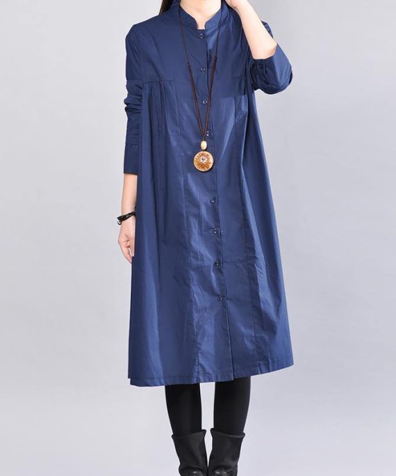 2018 navy pure linen dresses plus size clothing linen clothing dress casual Cinched solid color linen dresses