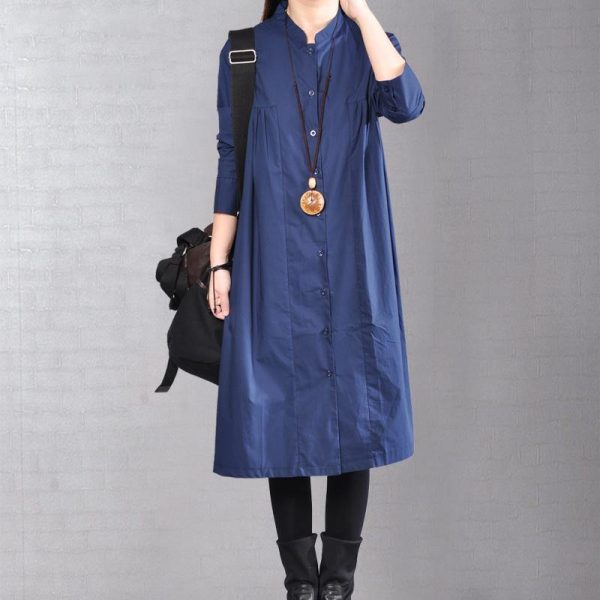 2018 navy pure linen dresses plus size clothing linen clothing dress casual Cinched solid color linen dresses - Image 2
