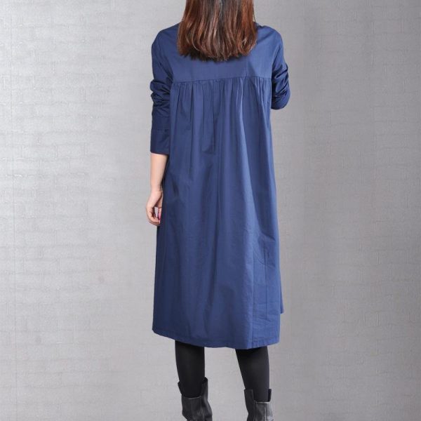 2018 navy pure linen dresses plus size clothing linen clothing dress casual Cinched solid color linen dresses - Image 4