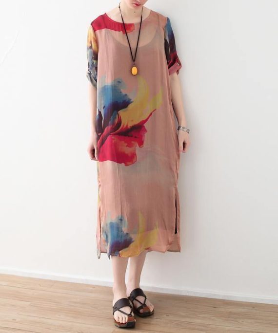 2018 nude prints chiffon dress plus size clothing side open chiffon clothing dresses fine o neck maxi dresses