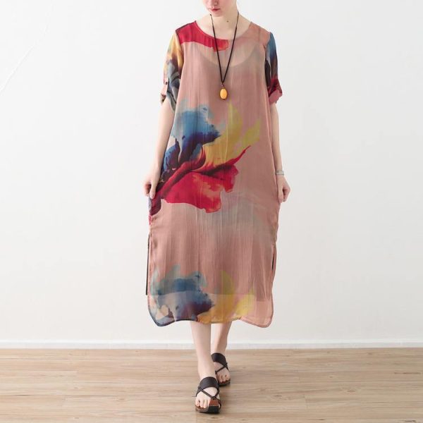 2018 nude prints chiffon dress plus size clothing side open chiffon clothing dresses fine o neck maxi dresses - Image 2
