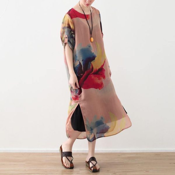 2018 nude prints chiffon dress plus size clothing side open chiffon clothing dresses fine o neck maxi dresses - Image 3