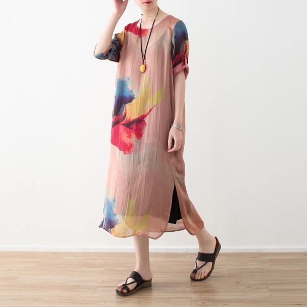 2018 nude prints chiffon dress plus size clothing side open chiffon clothing dresses fine o neck maxi dresses - Image 4