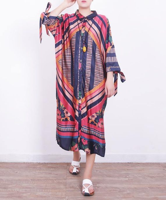 2018 red blue prints chiffon dress oversize chiffon clothing dress women side open tie bracelet sleeved chiffon dresses