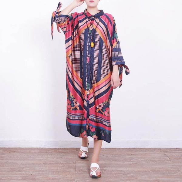 2018 red blue prints chiffon dress oversize chiffon clothing dress women side open tie bracelet sleeved chiffon dresses