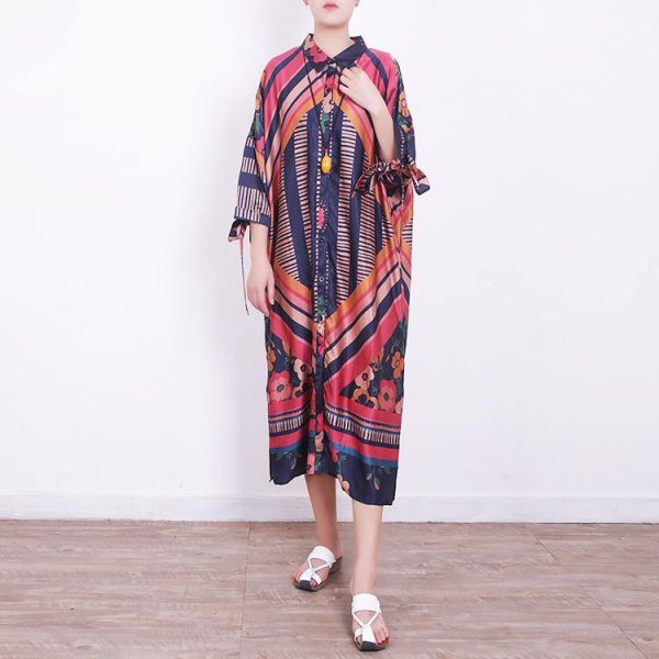 2018 red blue prints chiffon dress oversize chiffon clothing dress women side open tie bracelet sleeved chiffon dresses - Image 2