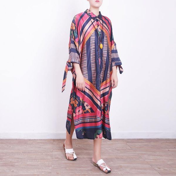 2018 red blue prints chiffon dress oversize chiffon clothing dress women side open tie bracelet sleeved chiffon dresses - Image 3
