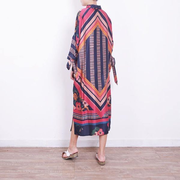 2018 red blue prints chiffon dress oversize chiffon clothing dress women side open tie bracelet sleeved chiffon dresses - Image 4