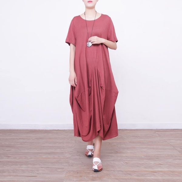 2018 red linen dress oversize short sleeve traveling dress vintage asymmetric maxi dresses - Image 2