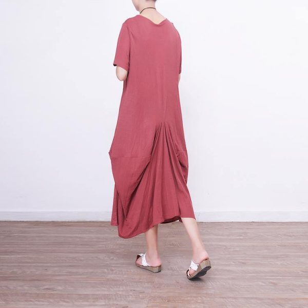 2018 red linen dress oversize short sleeve traveling dress vintage asymmetric maxi dresses - Image 4