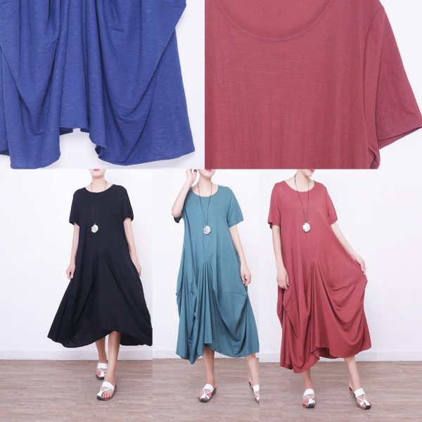 2018 red linen dress oversize short sleeve traveling dress vintage asymmetric maxi dresses - Image 5
