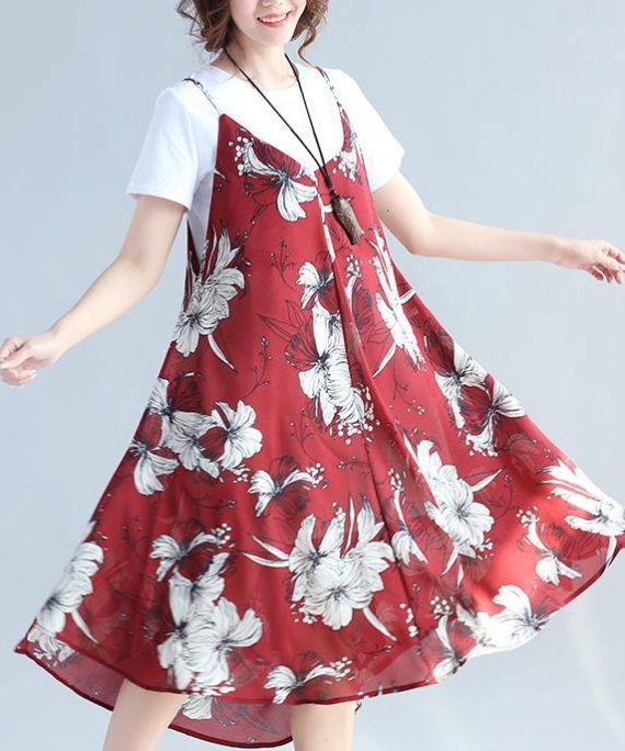 2018 red prints chiffon sleeveless dresses oversize with cotton t shirt two pieces