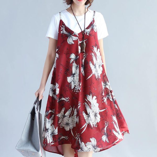 2018 red prints chiffon sleeveless dresses oversize with cotton t shirt two pieces - Image 2