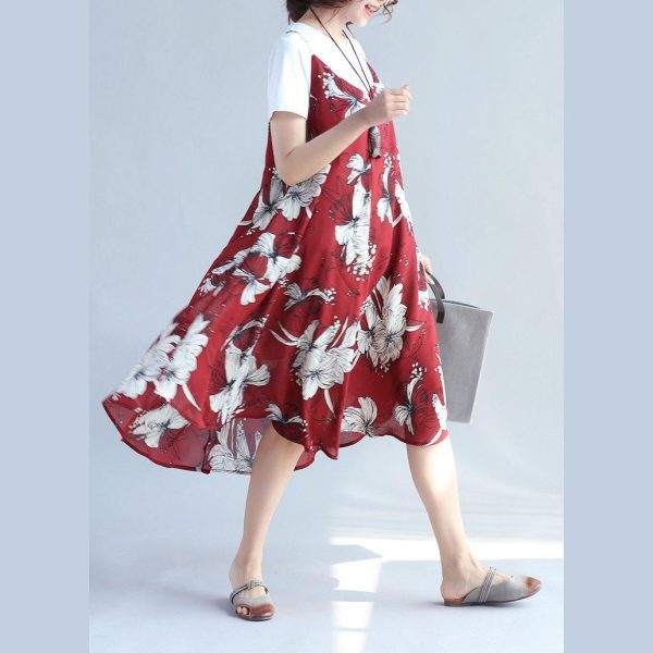 2018 red prints chiffon sleeveless dresses oversize with cotton t shirt two pieces - Image 3