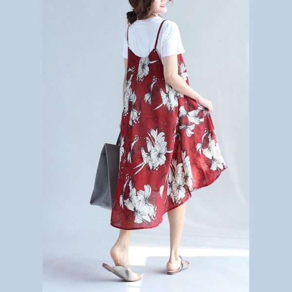 2018 red prints chiffon sleeveless dresses oversize with cotton t shirt two pieces - Image 4