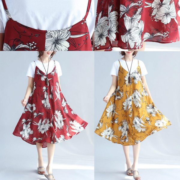 2018 red prints chiffon sleeveless dresses oversize with cotton t shirt two pieces - Image 5