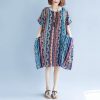 2018 striped cotton linen dresses plus size short sleeve baggy dresses cotton linen dresses boutique o neck traveling dress