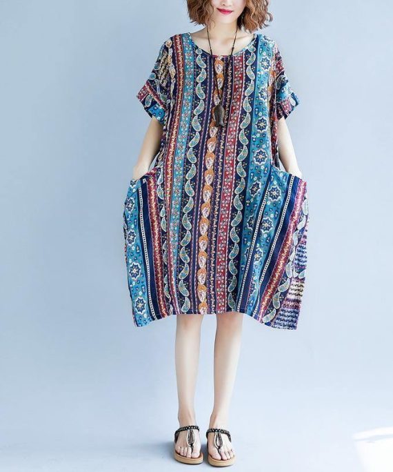 2018 striped cotton linen dresses plus size short sleeve baggy dresses cotton linen dresses boutique o neck traveling dress
