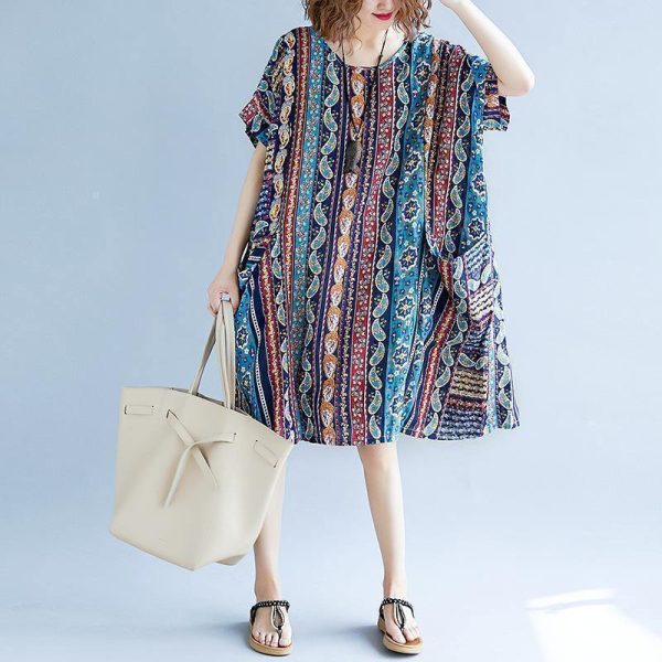2018 striped cotton linen dresses plus size short sleeve baggy dresses cotton linen dresses boutique o neck traveling dress - Image 2