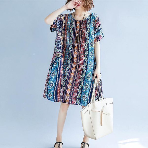 2018 striped cotton linen dresses plus size short sleeve baggy dresses cotton linen dresses boutique o neck traveling dress - Image 3